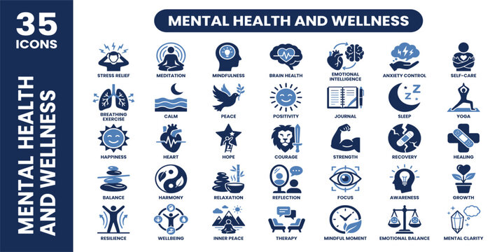  Mental health and wellness solid icon set. Featuring stress relief, emotional intelligence, brain health, anxiety control, and support group. Editable vector glyphs for counseling and wellbeing.