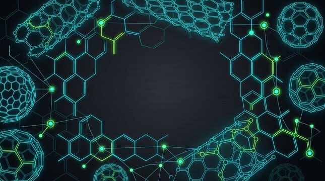 Futuristic Dark Nanotechnology Background with Glowing Neon Molecular Lattice and Copy Space