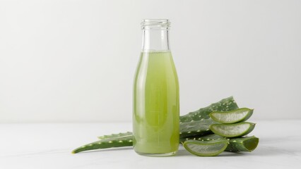 Naklejka premium Fresh Aloe Vera Juice in Glass Bottle with Sliced Aloe Leaves
