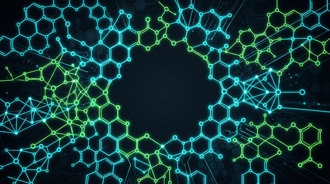 Futuristic Dark Nanotechnology Background with Glowing Neon Molecular Lattice and Copy Space