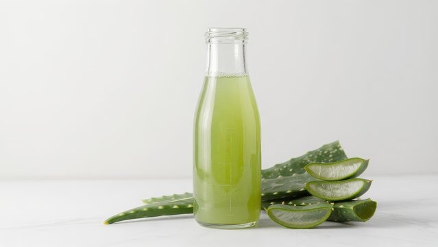 Fresh Aloe Vera Juice in Glass Bottle with Sliced Aloe Leaves