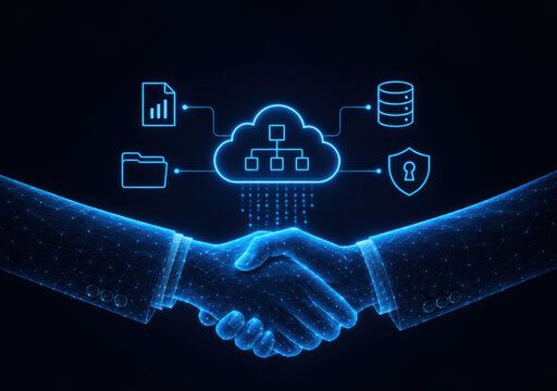 Digital partnership agreement for secure cloud computing network. Glowing technological handshake finalizing cybersecurity and data storage alliance.