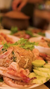 Thai Seafood Fried Rice with Squid and Shrimp in Bangkok