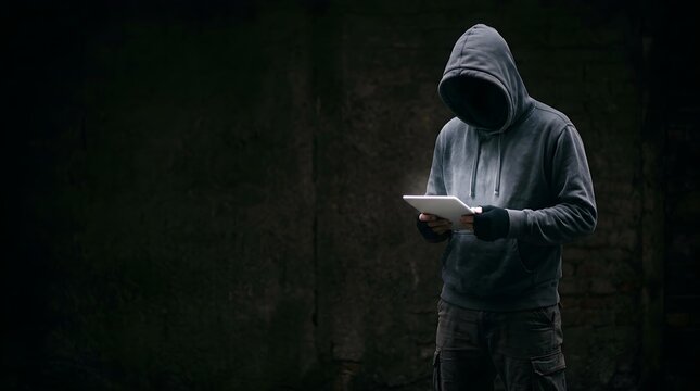 Anonymous hacker in dark hoodie standing against textured wall using tablet