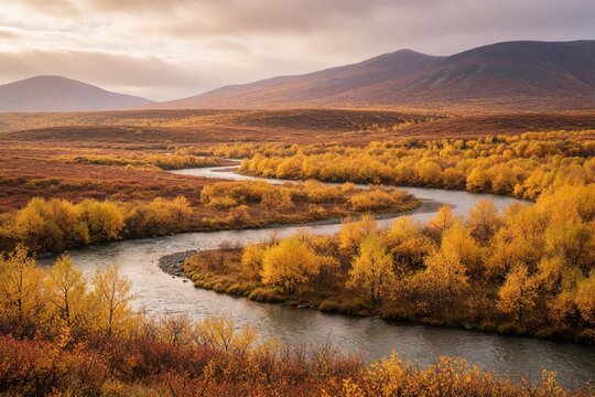 Autumnal landscape of Alaska tundra with winding river cutting through vibrant yellow, orange forests in red-hued hills. Majestic mountains loom under moody sky, heightening seasonal contrast. No