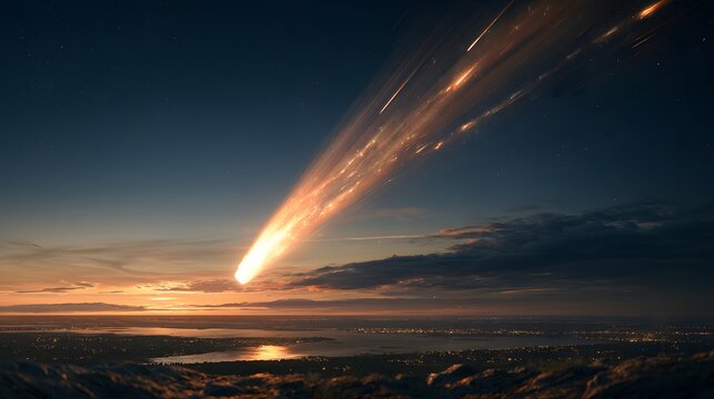 Bright meteor or asteroid streaking through Earth's atmosphere above distant city at dusk, dramatic space event concept for astronomy, cosmic impact, celestial phenomenon, disaster and science
