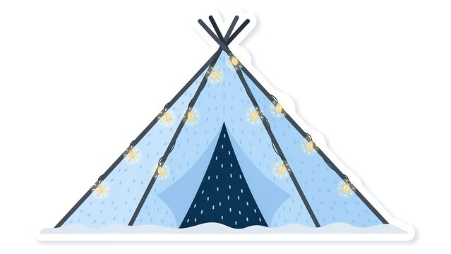 Blue teepee tent illustration with decorative lights for kids camping design