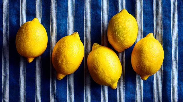 Fresh yellow lemons arranged on a blue and white striped fabric background with yellow fruit