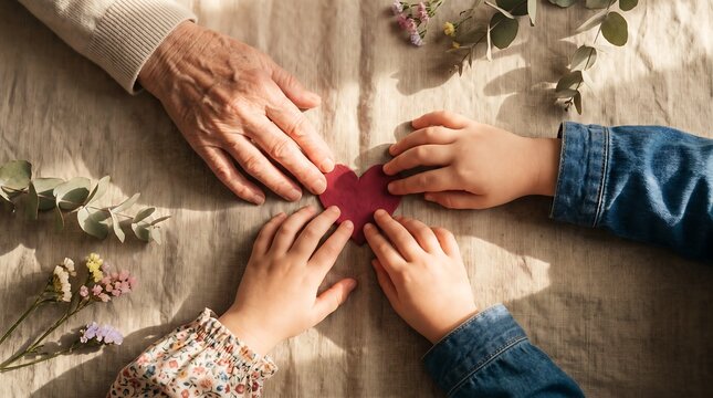 Grandmother and grandchildren hands touch red heart shape together on fabric, symbol of love and connection.