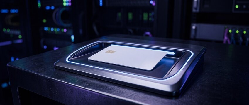 Blank white smart card with chip sitting on reader terminal in dark server room background representing secure identification and access key