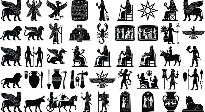 Ancient Mesopotamian and Assyrian Silhouettes of Mythological Figures, Symbols, and Cuneiform for Historical Illustrations