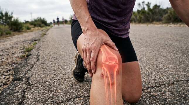 Runner holding injured knee with glowing skeletal overlay outdoor scene