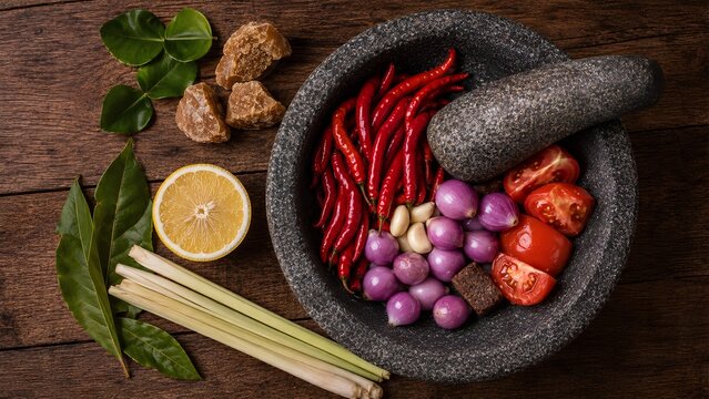 Indonesian Sambal Ingredients in Traditional Stone Mortar