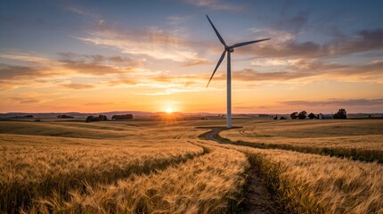 Obraz premium Wind turbine stands in a golden wheat field at sunset