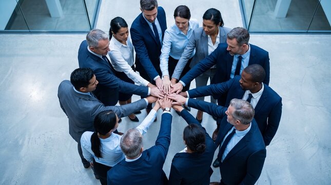 Diverse Business Team Putting Hands Together in a Circle for Unity and Successful Collaboration