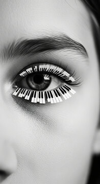 Surreal macro portrait of human eye with eyelashes transformed into piano keys representing musical vision
