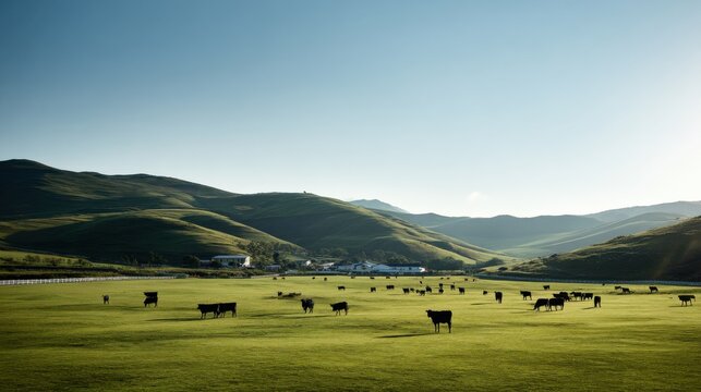 Cattle grazing in a vast green pasture under a wide, clear sky