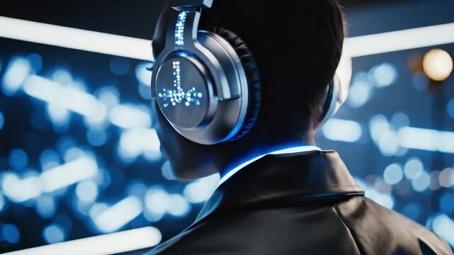 A futuristic woman wearing glowing cyber headphones in a studio.