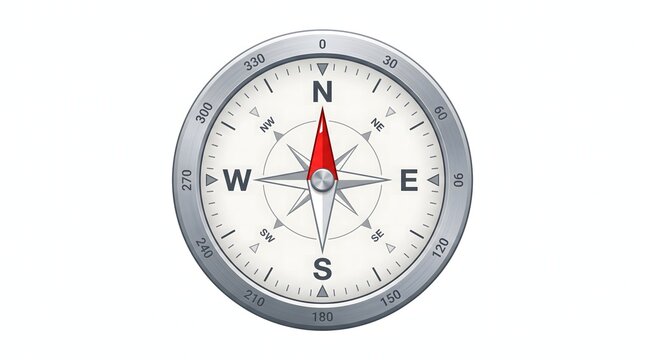 Realistic design of a metallic navigational compass pointing north with degrees numbers