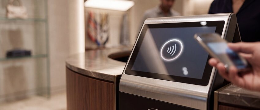 Customer making contactless payment with smartphone at modern terminal in retail boutique for secure digital transaction experience