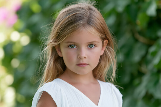 Young girl's portrait capturing childhood innocence and natural beauty, standing in a sunny outdoor setting with green foliage