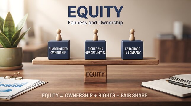 Equity defined as fairness and ownership representing shareholder rights and opportunities along with fair share in company illustrated by wooden block balancing concept.