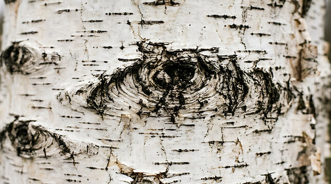 A detailed close up view of white birch tree bark shows a prominent knot and complex natural patterns illuminated by soft daylight