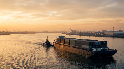 Fototapeta premium Container Cargo Barge and Escort Tugboat Navigating Industrial River Channel at Golden Sunset