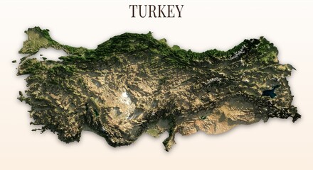 Turkey Shaded Relief Map. Hillshaded physical terrain map illustration. Light background with title. Illustration elements derived from NASA Imagery and NASADEM Global Elevation Model. © Eugene Ga