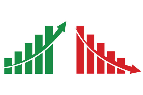 Up and down graph chart vector icon set. red and green growth icon. growth increase and decrease sign. Economy rise and decline symbol.  Vector illustration. 