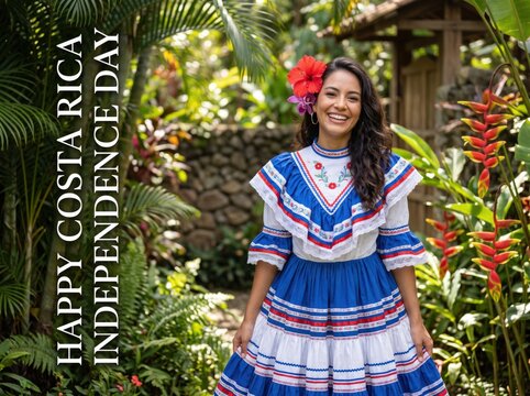 Smiling woman wearing a traditional costa rican folk dress with red white and blue ruffles and a hibiscus flower in her hair standing in a lush tropical garden with green palm leaves