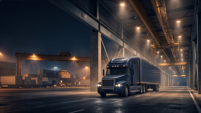 Blue Semi Truck Driving Through Covered Freight Terminal Bay at Night