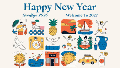 Fototapeta premium Happy New Year 2027 celebration with summer icons