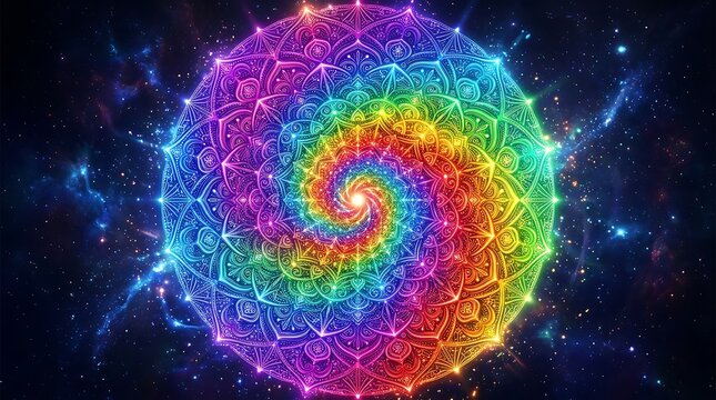 Rainbow fractal mandala spiraling in outer space background
