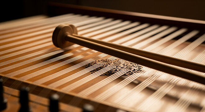 Close up of a hammered dulcimer with wooden hammers and strings in warm lighting
