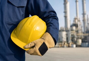 Fototapeta premium Construction worker holding a yellow hard hat and safety gloves against a blurred industrial background, representing workplace protection, engineering, construction, and professional craftsmanship.