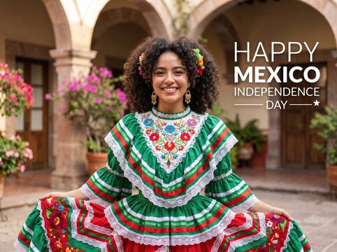 Smiling woman with curly hair wearing a traditional mexican folklorico dress with green white and red embroidery standing in a stone courtyard with arches and flowers
