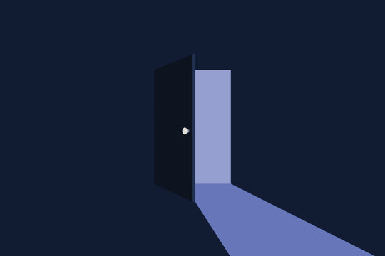 Open door in dark room with light vector illustration, flat midnight blue background template with half open doorway glowing light beam and copy space