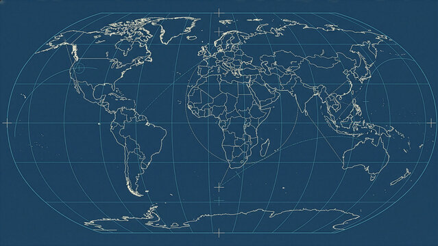 Technical Blueprint World Map Graphic with Projection Grid Lines on Blue Background