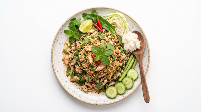 Lao Fish Larb Salad with Sticky Rice and Cabbage