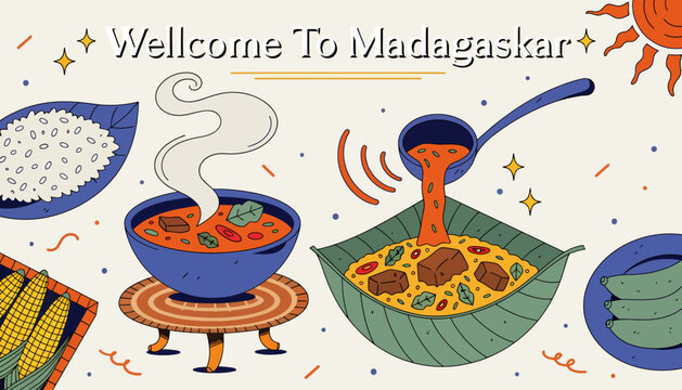 Traditional Madagascan food, steaming bowls of rice and stew