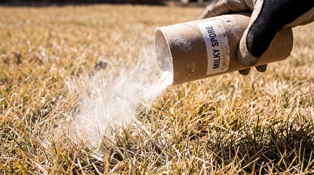 Applying milky spore powder to lawn for grub control, environmental pest management