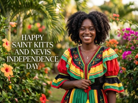 Smiling young woman with dark curly hair wearing a colorful traditional dress with red yellow green and black patterns standing in a lush tropical garden with hibiscus flowers and foliage