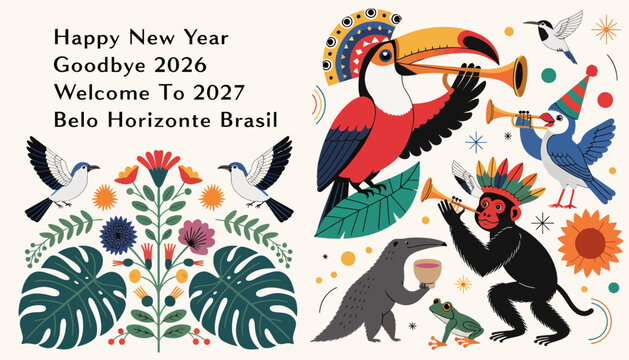New Year Celebration in Brazil with Colorful Tropical Animals