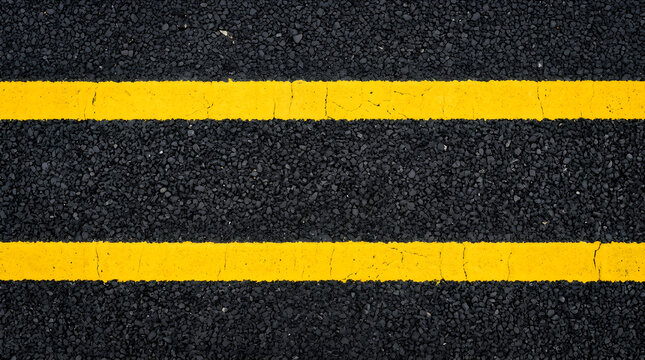 Asphalt road texture with two parallel yellow painted lines marking a lane divider on dark textured pavement surface