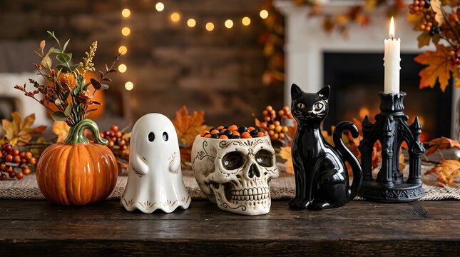 Halloween home decor with pumpkin, ghost, skull, and black cat on rustic wooden table
