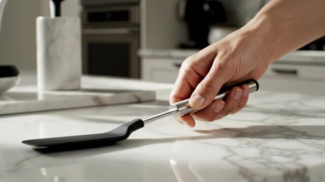 hand picking up stainless steel spatula from marble kitchen countertop