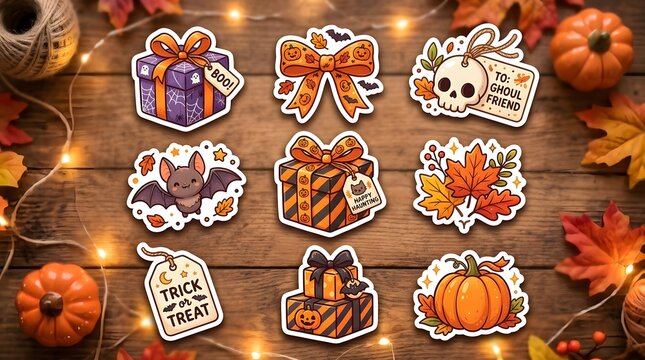 Halloween sticker set with pumpkins, gifts, and bats on a rustic wooden background.