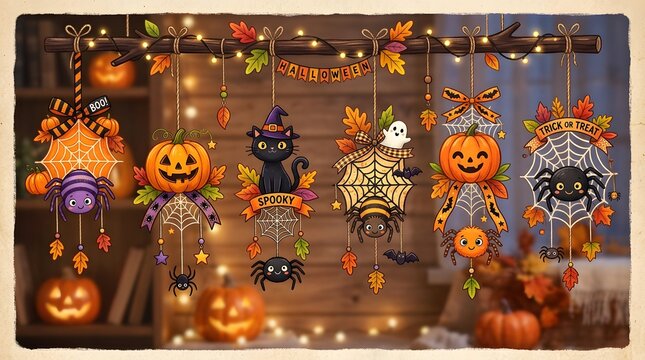 Halloween hanging ornaments with pumpkins, black cats, and spiders for festive decor