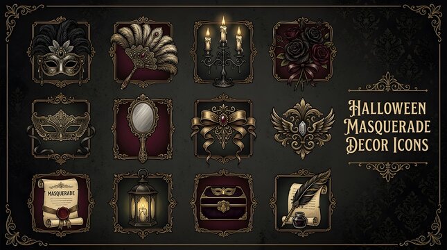 Set of ornate Halloween masquerade icons with gothic vintage frames and dark decor elements